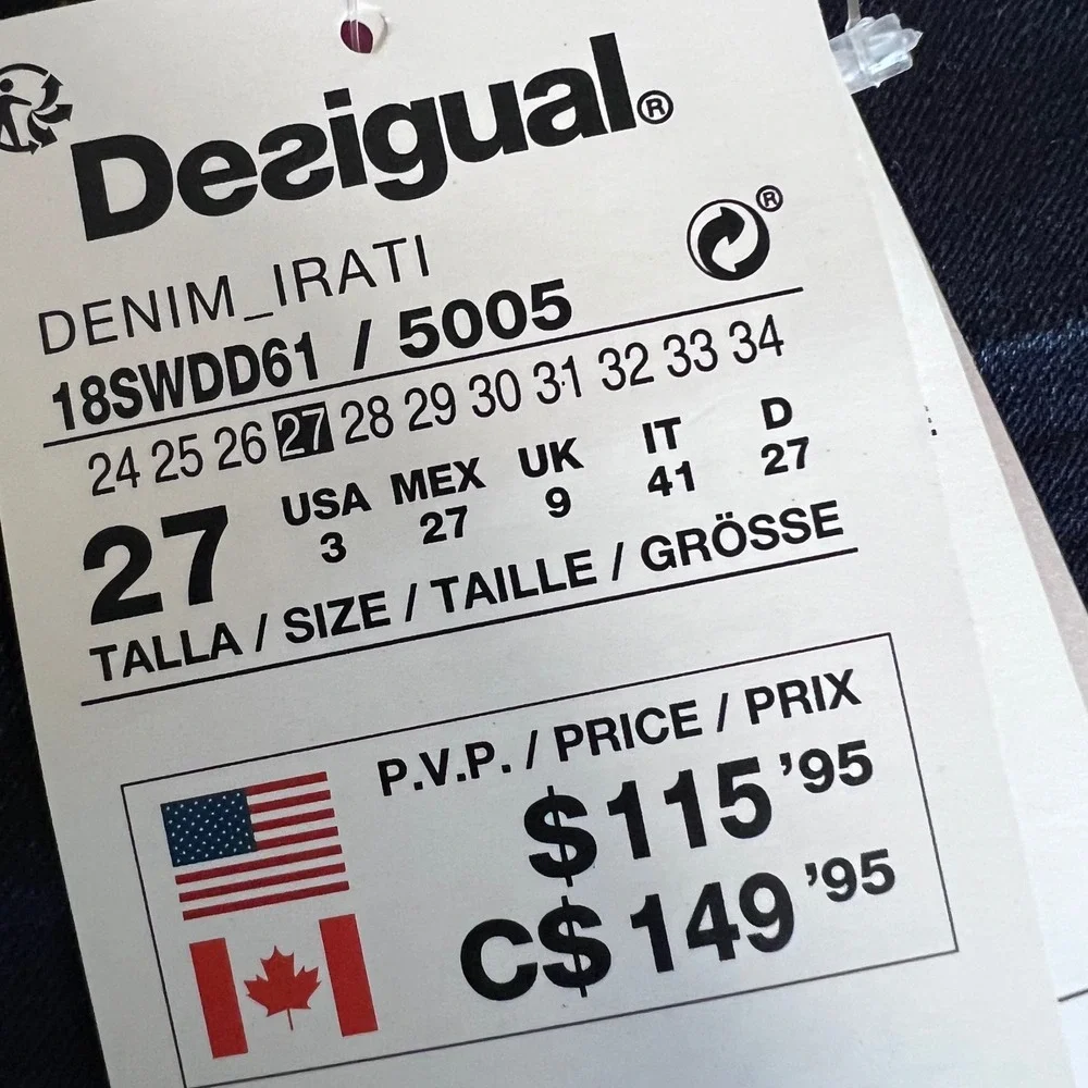 Desigual‎ Denim Irati Skinny Jeans Dark Wash Embroidered Indigo 18SWDD61 Size 3